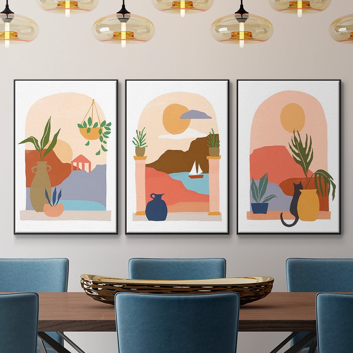 Paper Scene I - Framed Premium Gallery Wrapped Canvas L Frame 3 Piece Set - Ready to Hang