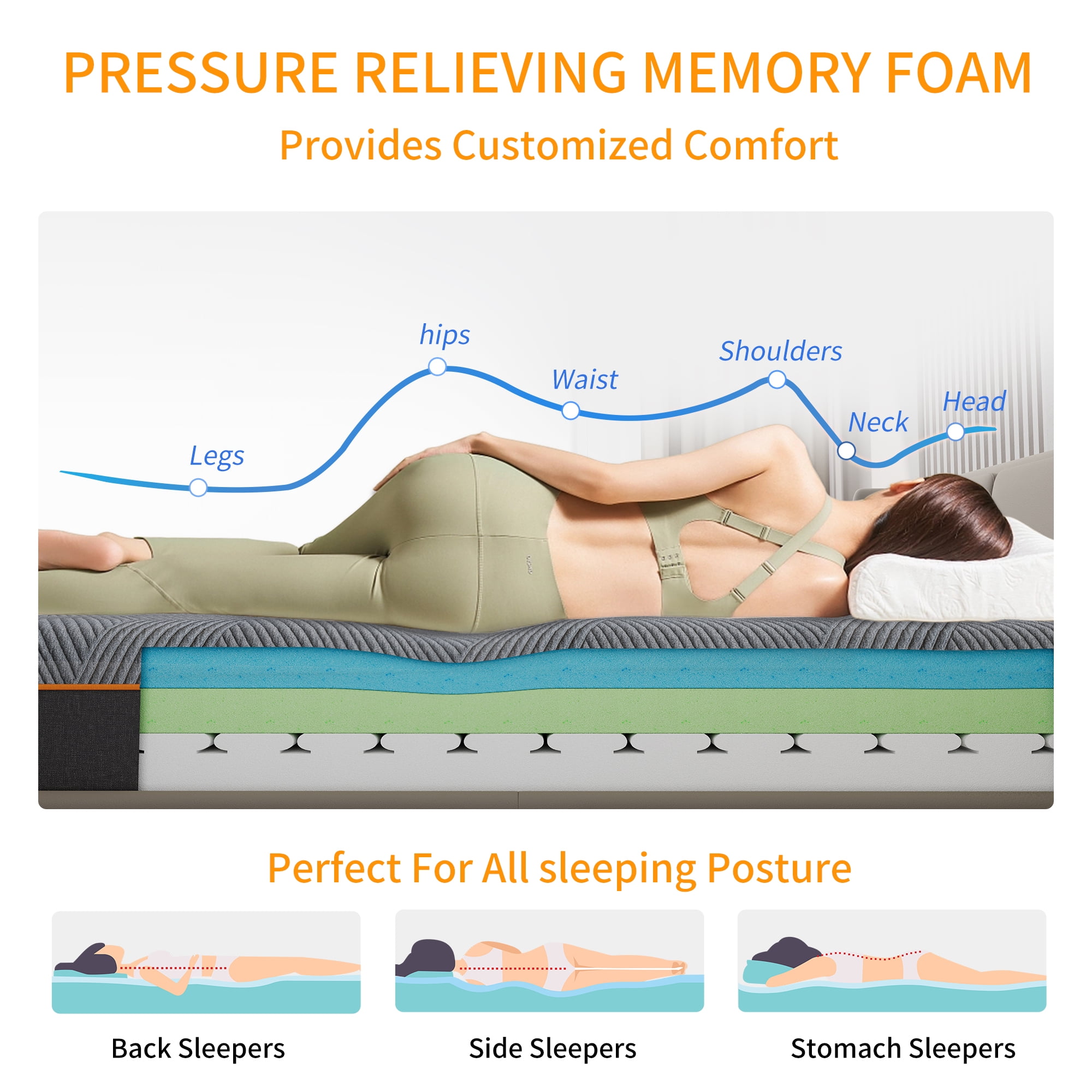 ESHINE King 14 inch Mattress, Green Tea Cooling Gel Memory Foam, Ergonomic Design for Pressure Relief, Medium Soft, Black