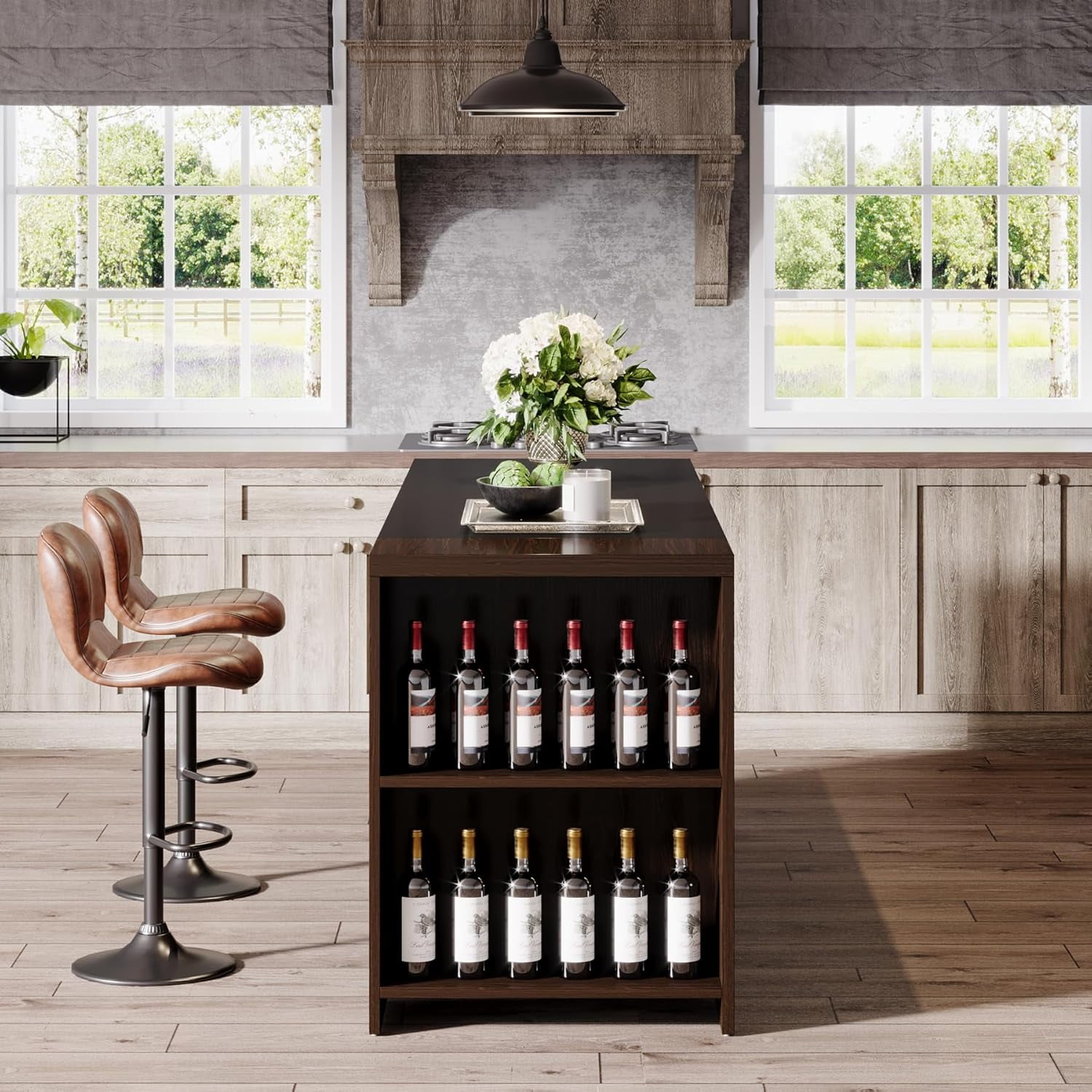 Tribesigns Farmhouse 5-Tier Kitchen Island with Storage, 55" Wooden Island Table with 5 Shelves