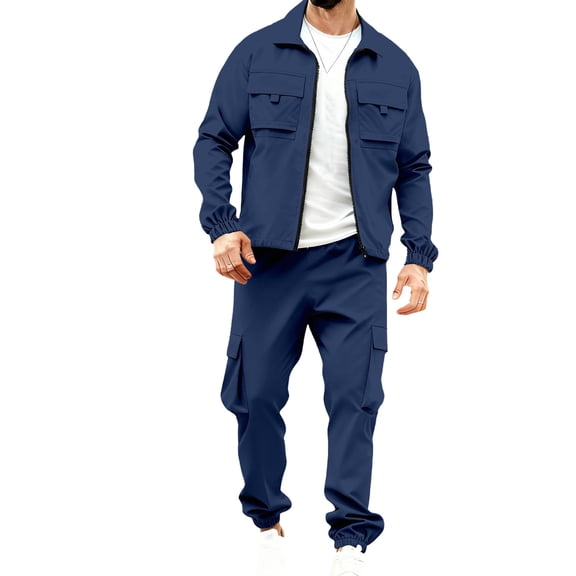 LNWUY Men's 2 Piece Outfits Casual Cargo Tracksuit Long Sleeve Button Down Jacket Trousers Outfits Outdoor Athletic Sets Blue S