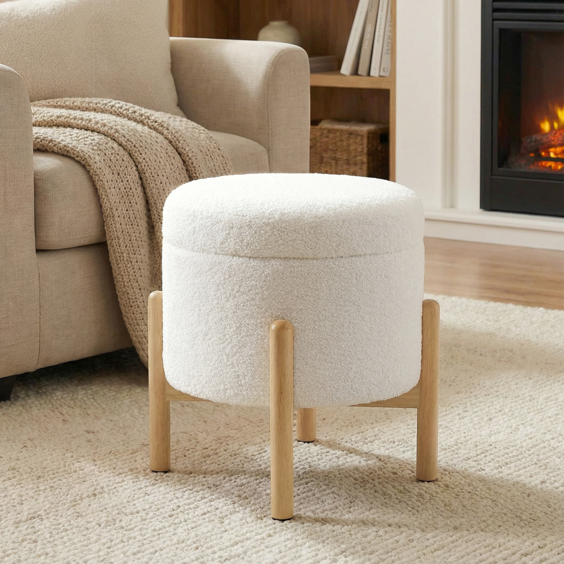 Mainstays Modern Dowel Storage Ottoman, Cream Boucle photo 1