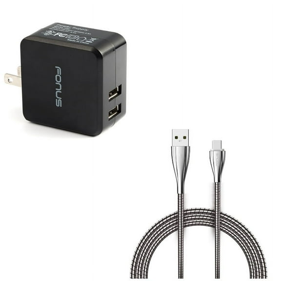 2-Port USB 17W Home Charger w Type-C 6ft Metal USB Cable G5E for Alcatel 3V (2019) - ASUS ROG Phone 2 - BLU G9 Pro - BOLD N1 - Coolpad Legacy S - Google Pixel 4 XL - LG G8X ThinQ