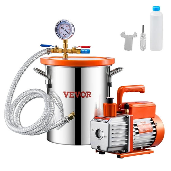 VEVOR 3 Gallon Vacuum Chamber and 3.5 CFM Pump Kit, Stainless Steel Chamber, Single Stage Vacuum Pump Degassing Chamber Kit, with Acrylic Lid, Oil, 4.92 ft Hose, for Degassing Resin Silicone Epoxies