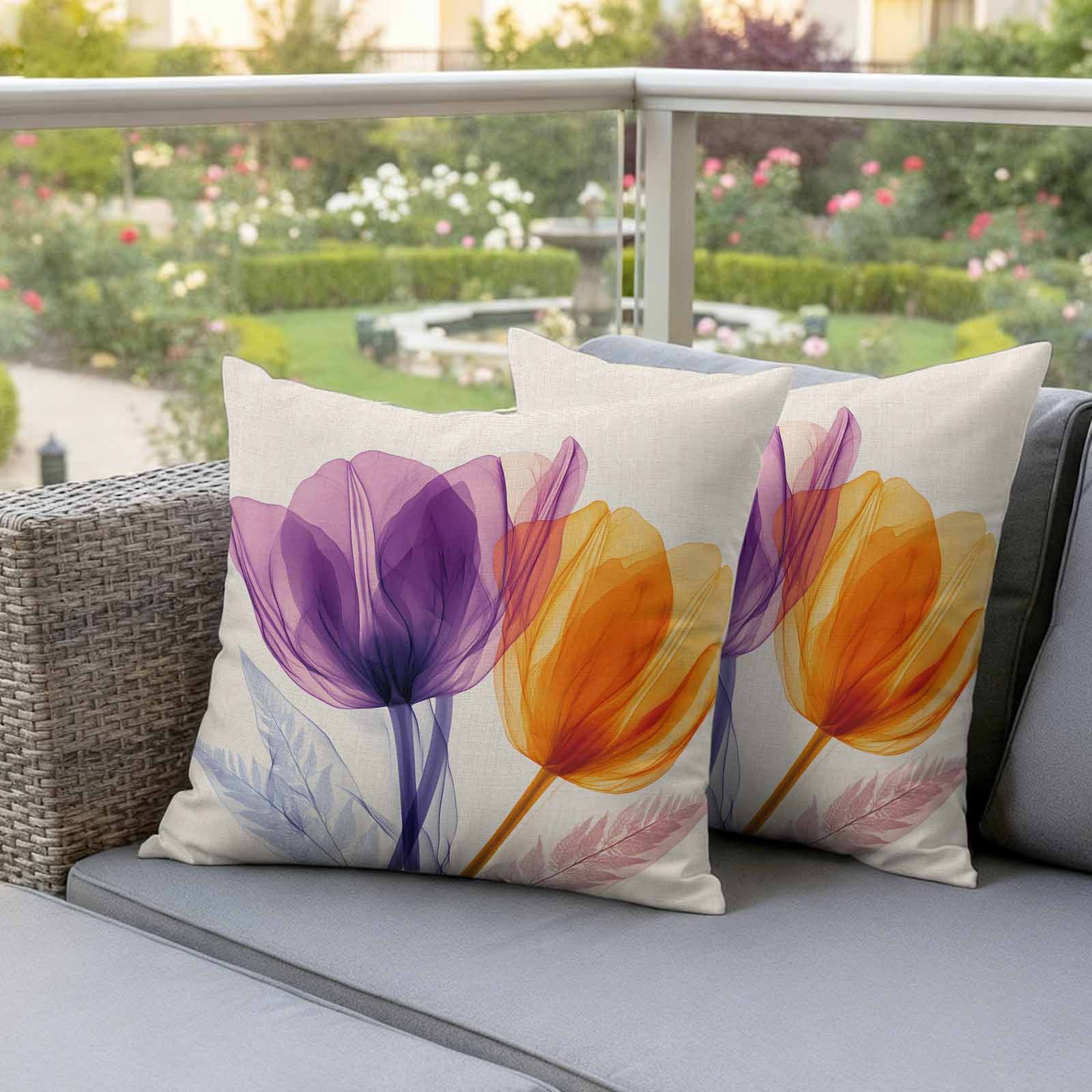 Spring Purple Pillow Covers 2 Pack Orange X-ray Tulip Flower Retro Pillowcase Waterproof Outdoor Throw Pillow Cover for Patio Garden Square Cushion 16”x16”