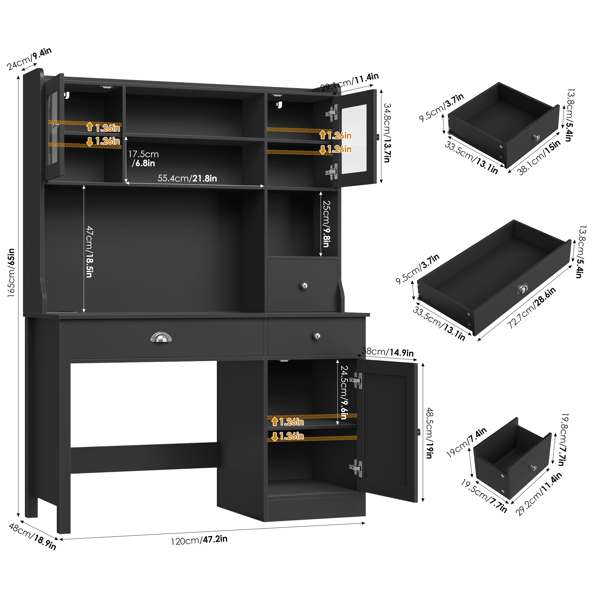 Homfa Executive Desk with Hutch & Power Outlets & LED Lights, Wood Writing Study Table, Home Office Computer Desk with Adjustable Shelves and Drawers, Black