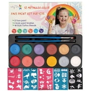 Maydear Kids, 12 Pearl Paints, 40- Stencils, 2 Blue Brushes, Professional Face Paint Palette, Halloween Makeup Kit