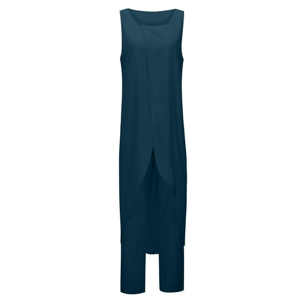 Conjunto informal de dos piezas sin mangas y cuello redondo para mujer: pantalones con diseño palazzo plisado fruncido, nylon/spandex, tallas S-XXXL, verano/playa.
