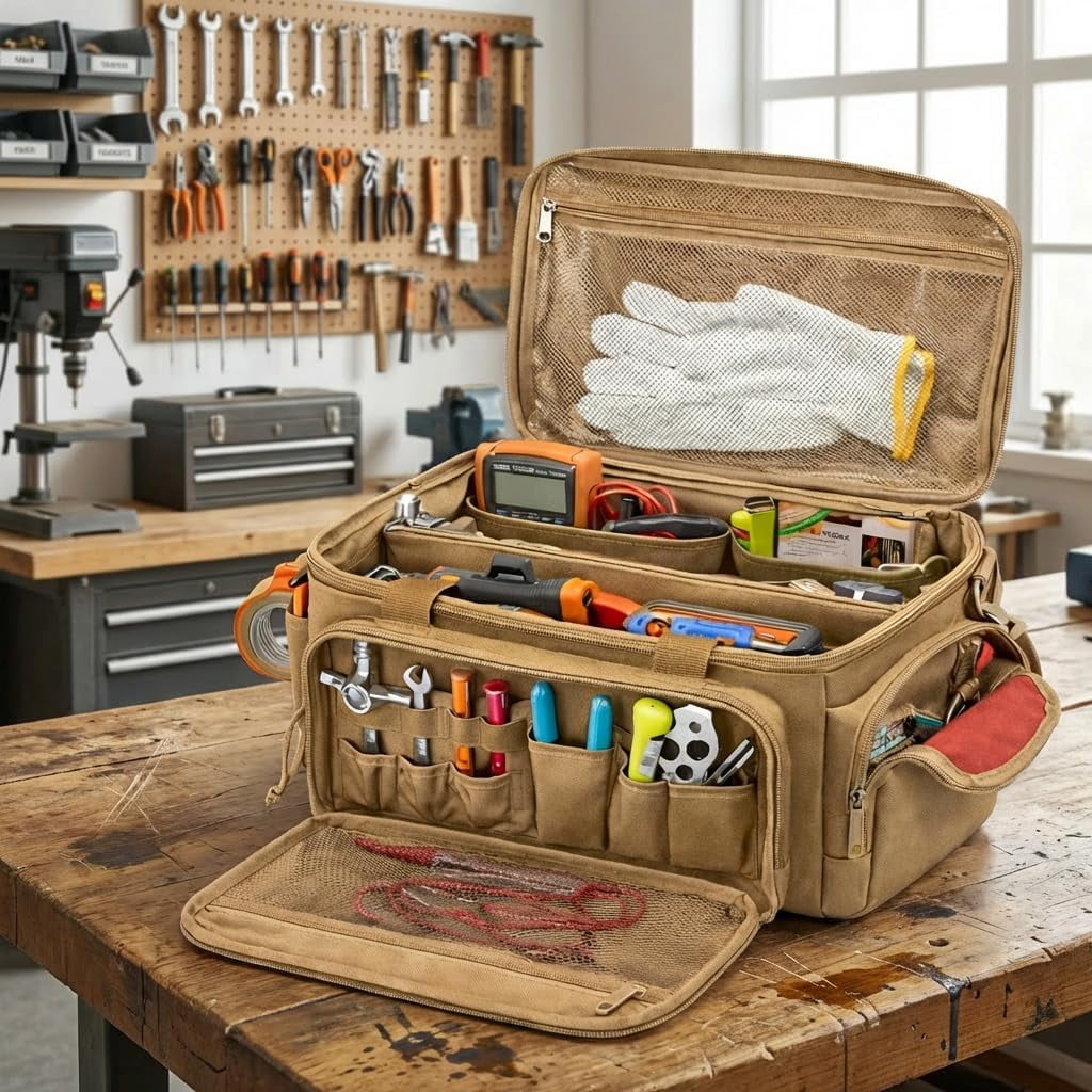 14-Inch Heavy-Duty Canvas Tool Bag, Multi-function Large Capacity Tool Organizer Tote Bag, with Adjustable Shoulder Strap, Exterior Pockets for Hand Tools, for Electrician, Plumber (B)