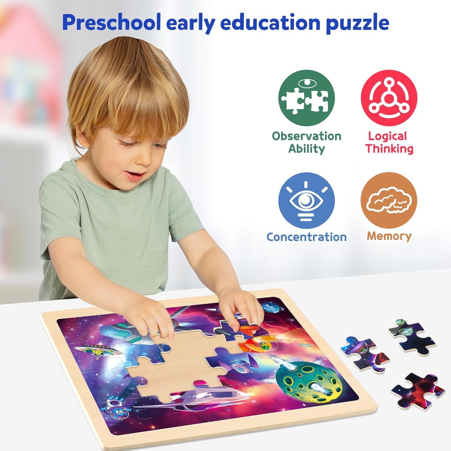 SYNARRY Large Space Planets Solar System Wooden Puzzles for Kids Ages 3-8, 4-in-1 Jigsaw Puzzle Set, 24 Pieces Each, FSC Certified Educational Gifts for Boys & Girls Ages 3 4 5 6 7 8