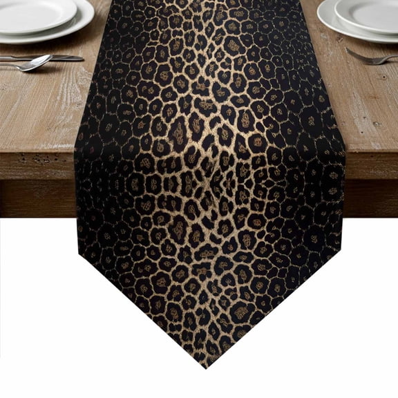 Leopard Print Table Runner Linen Burlap Table Runner 108 Inches Long Chic Abstract Black Brown Animals Texture Dresser Scarves for Kitchen Island Coffee Dining Room Party Holiday Decoration 13"x108"