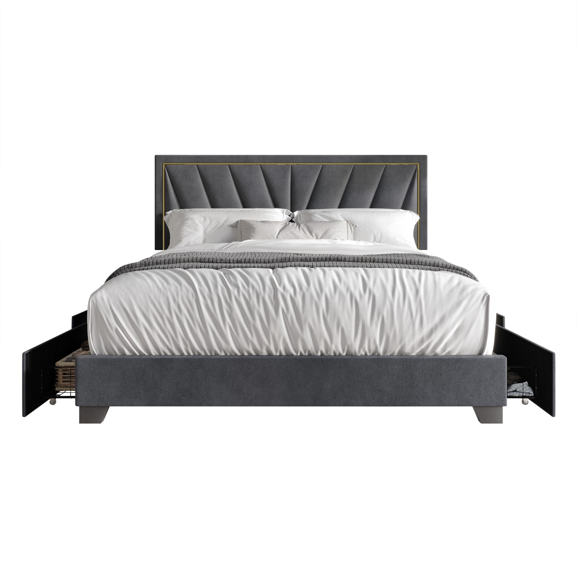 Home Design Valdez Full Upholstered Storage Platform Bed Frame with Gold Aluminum Trim and Four Under-Drawers, Dark Gray, Easy Assembly