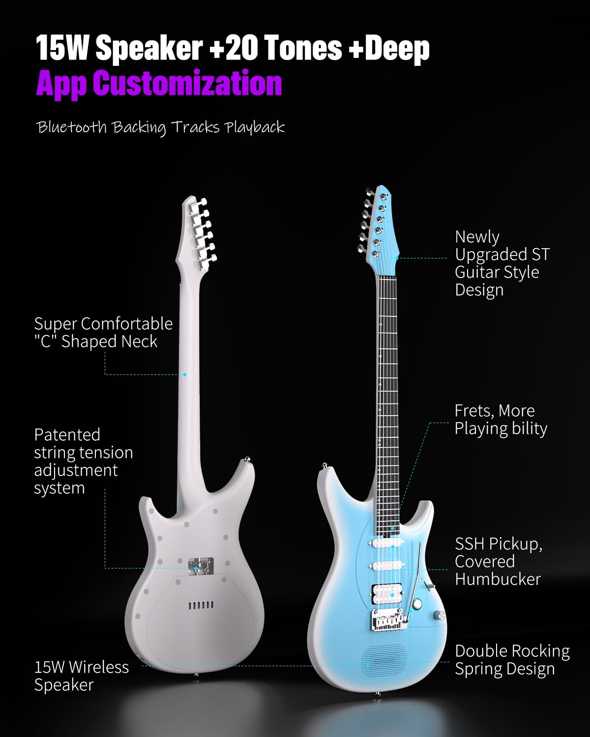 Enya Electric Guitar Inspire 39" Smart Electric Carbon Fiber Guitarra with 15W Wireless Speaker, 20 Distinct Tones, Onboard Presets, Charging Cable, Adjusting Wrench, and Gig Bag