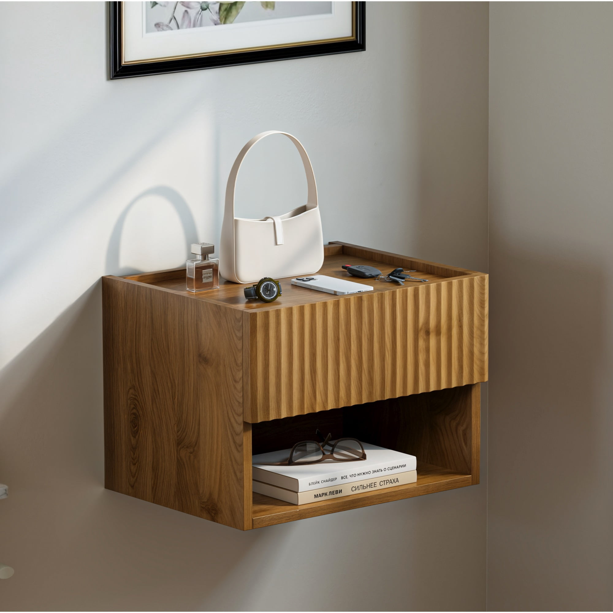 Wood Wall-Mounted Nightstand Set of 2 with Drawer - Space-Saving Floating Bedside Table for Bedroom, Living Room, Hallway or Entryway, Brown