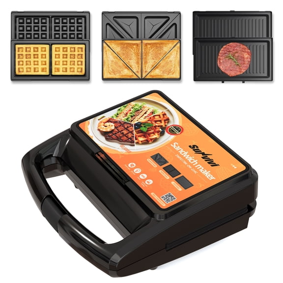 Heynemo Versatile 3-in-1 Waffle Maker & Panini Press, 800W Electric Sandwich Maker with Removable Non-Stick Plates, Tempered Glass Lid, Cool Touch Handle & Easy Cleanup