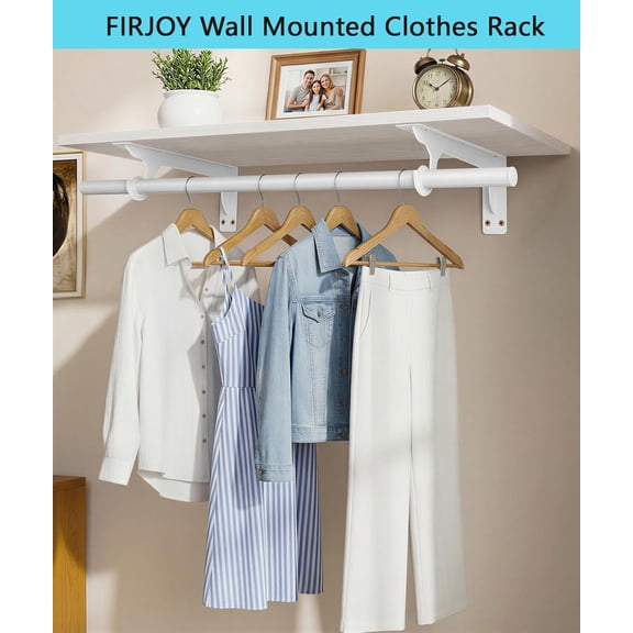 FIRJOY Wall Mounted Clothes Rack, with  and Hanging Rod, Heavy Duty (White, 1 PACK 11.8" x 31.4")