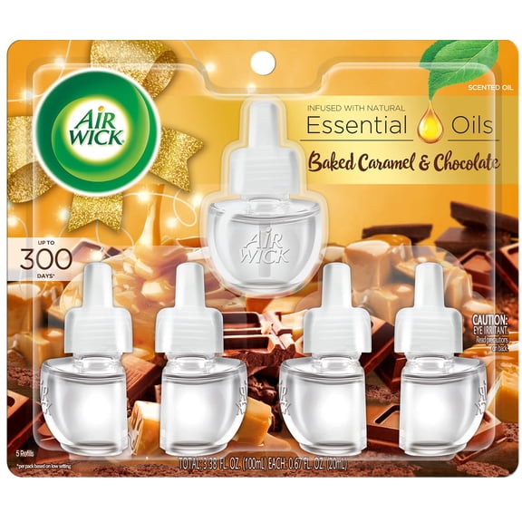 Air Wick Plug in Scented Oil 5 Refills, Baked Caramel & Chocolate, Essential Oils, Air Freshener Fall Scent, Fall décor