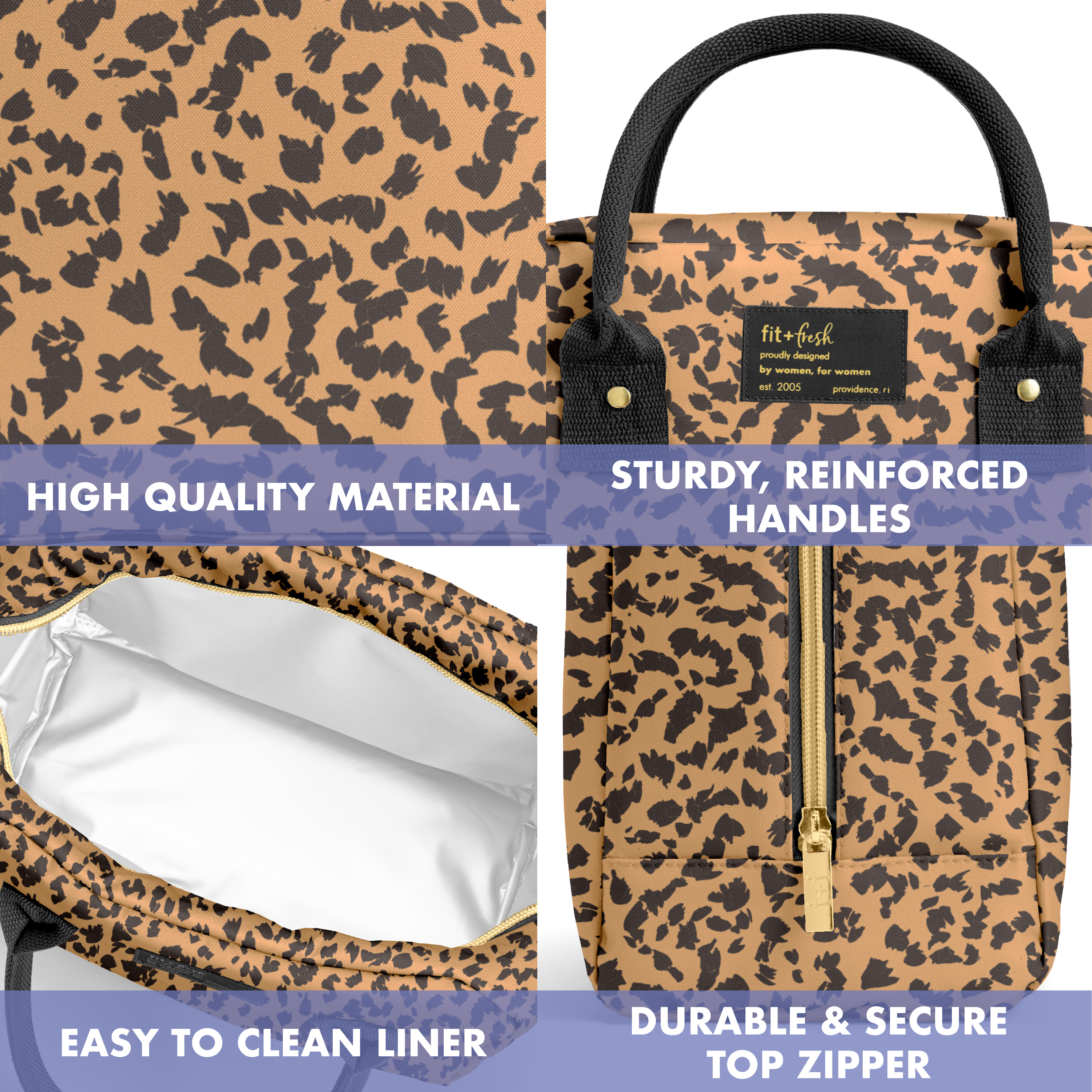 Fit + Fresh Bloomington Womens Lunch Bag, Insulated Lunch Box With Containers, Cheetah