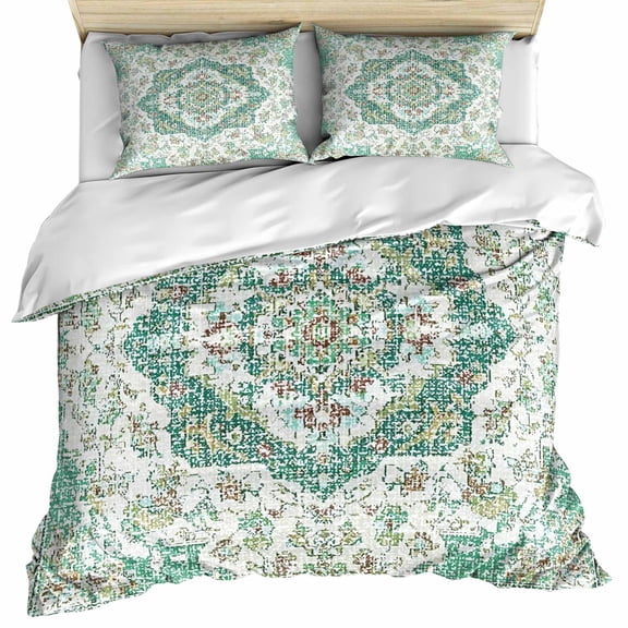 Turquoise Boho Bedding 3 Piece Duvet Cover Set Twin Size, Vintage Abstract Art Floral Ethnic Tribe Microfiber Comforter Cover with Zipper Closure & Pillowcases, Wrinkle & FadeResistant Quilt Cover