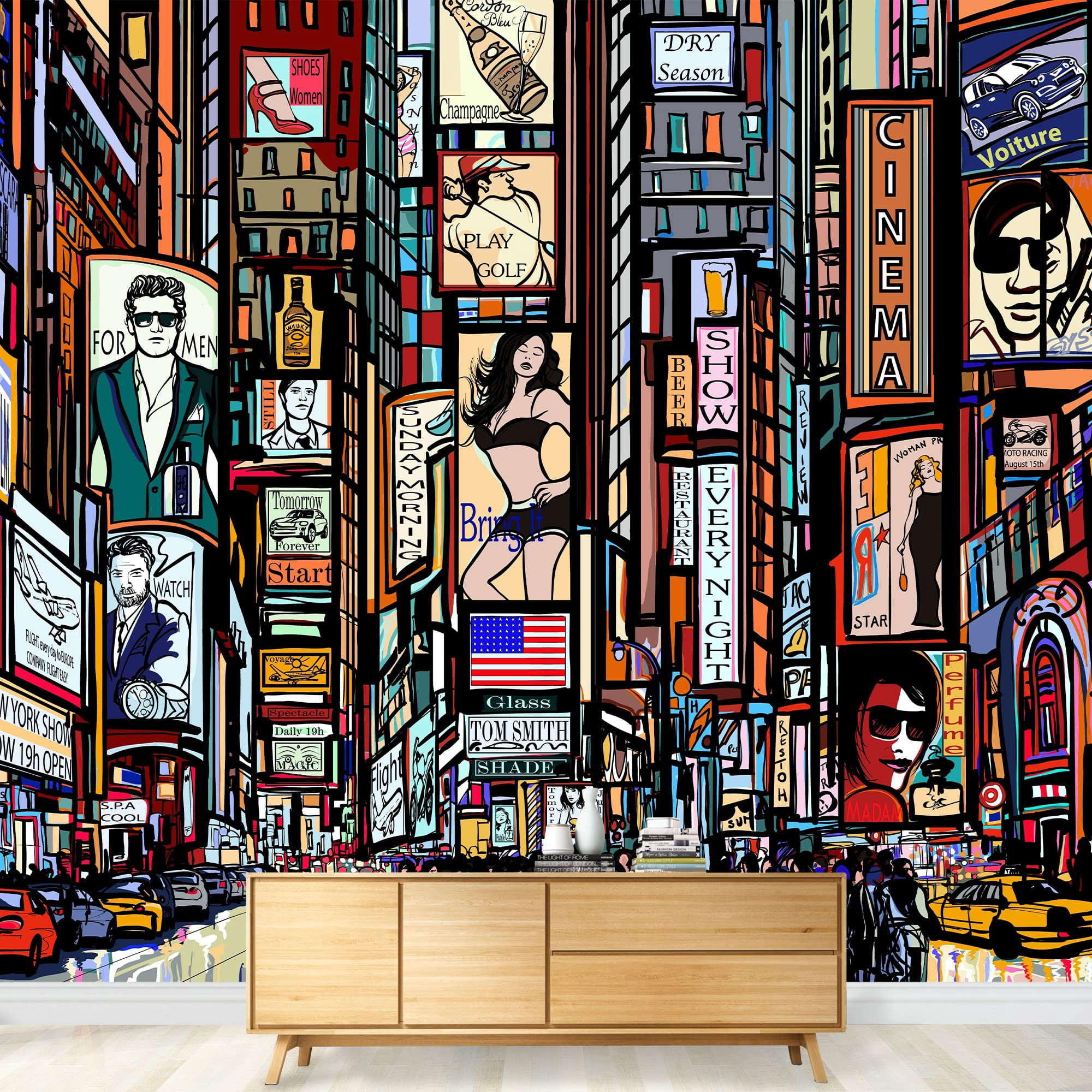 wall26 - Illustration of a Street in New York City - Removable Wall Mural | Self-Adhesive Large Wallpaper - 100x144 inches