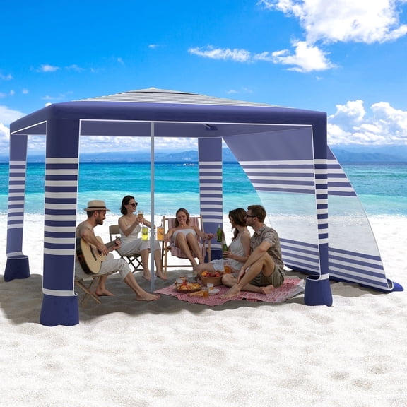 MoKo 8'x 8' Beach Cabana Tent, UPF 50  Portable Beach Canopy Shelter with 4 Sand Pockets, Navy Stripes