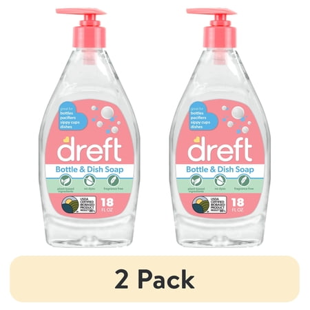 (2 pack) Dreft Plant-Based Liquid Dish Soap and Dishwashing Detergent for Baby Bottle, Fragrance Free Baby Essentials, 18 fl oz