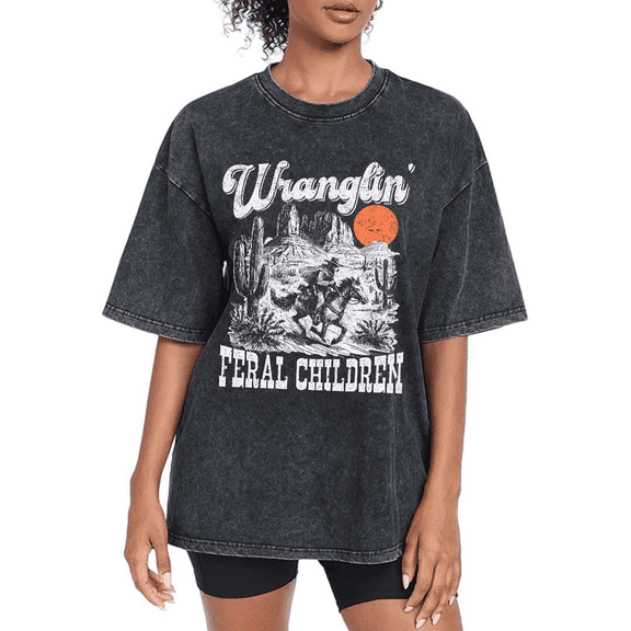 Washed Black Wranglin' Feral Children Western Graphic Tees Print Tshirt Casual Shirts For Women Western Humor And Daily Wear Tops S-2XL