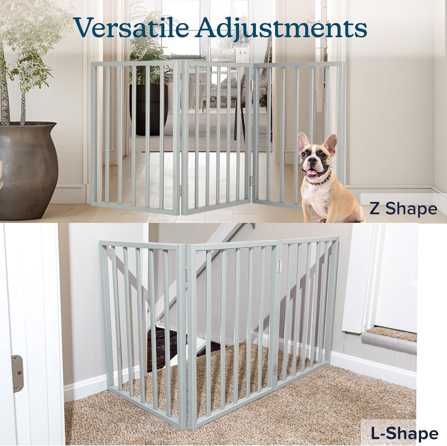 Foldable Indoor Dog Gate with 4 Panels for Stairs, Hallways, or Doorways - 72x24-Inch Retractable Wood Freestanding Pet Barrier (Gray)