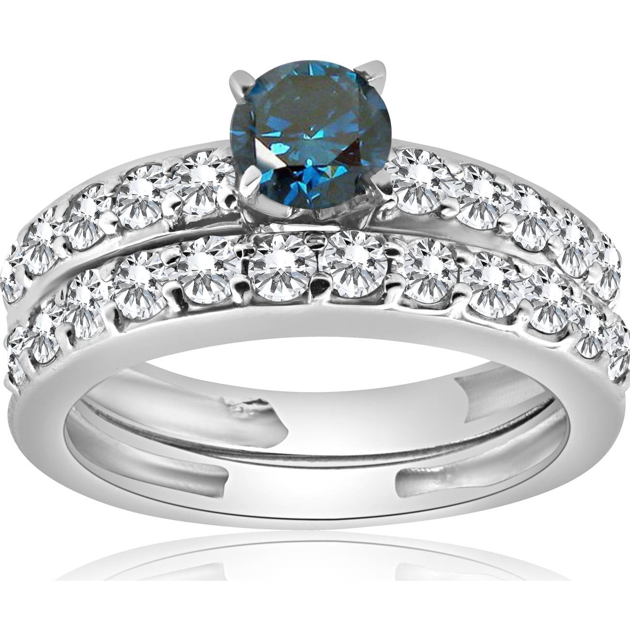1 3/8Ct Blue Round Cut Diamond Matching Bridal Engagement Ring Set White Gold