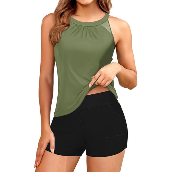 VEKDONE Women's Tankini Swimsuits Solid Color Crew Neck Ruched Front Tank Tops and Boyshorts Tummy Control Swim Suits Beach Swimwear Army Green M
