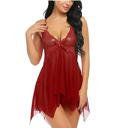 

Qcmgmg Plus Size Lingerie for Women Chemise Eyelash Floral Bodysuit Lace Sexy Floral Deep V Babydoll Wine Red 2XL