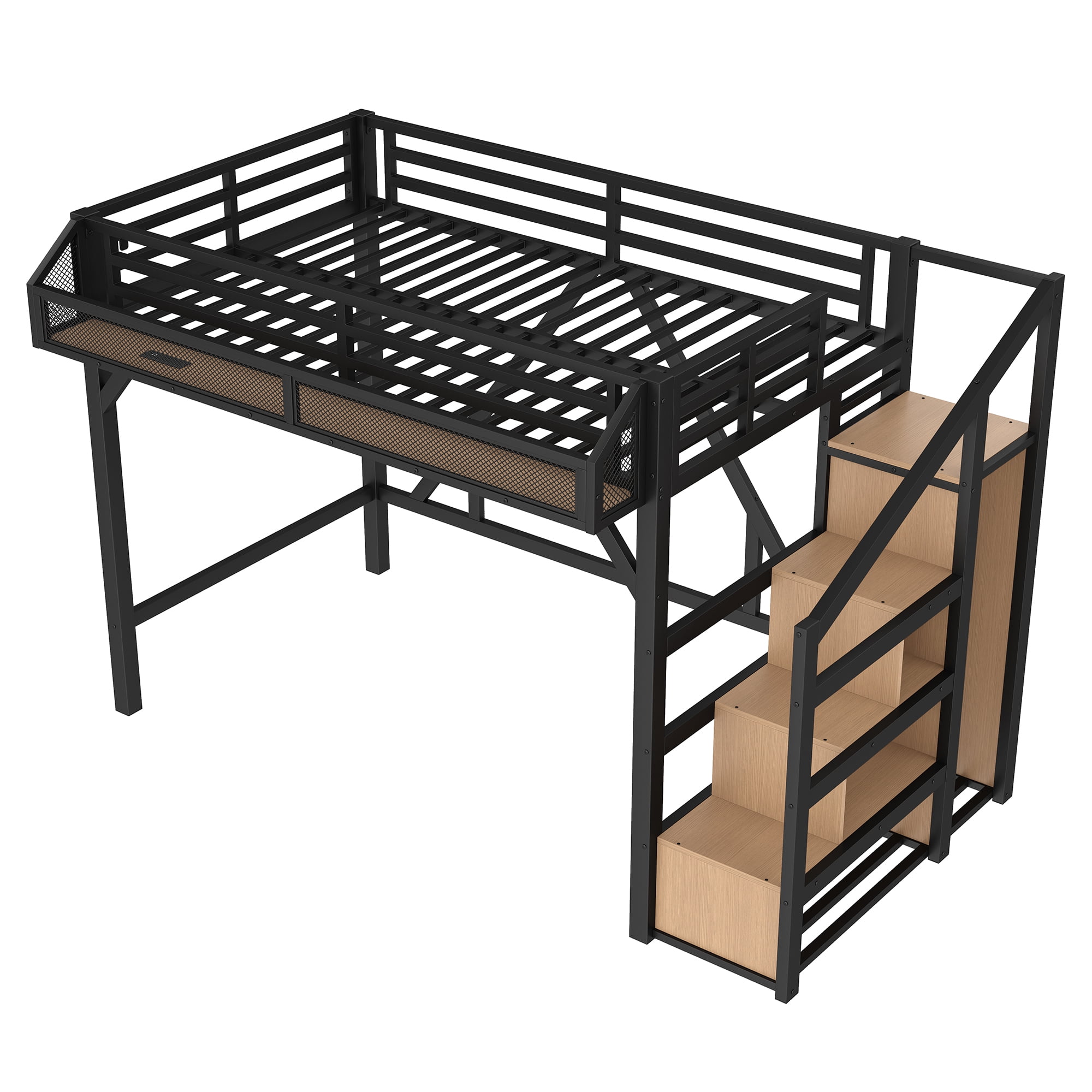Aukfa Twin XL Metal Loft Bed with Storage Stairs, Shelves, Wardrobe, USB Ports & LED Lights, Heavy-Duty Bed Frame for Adults & Kids, Black