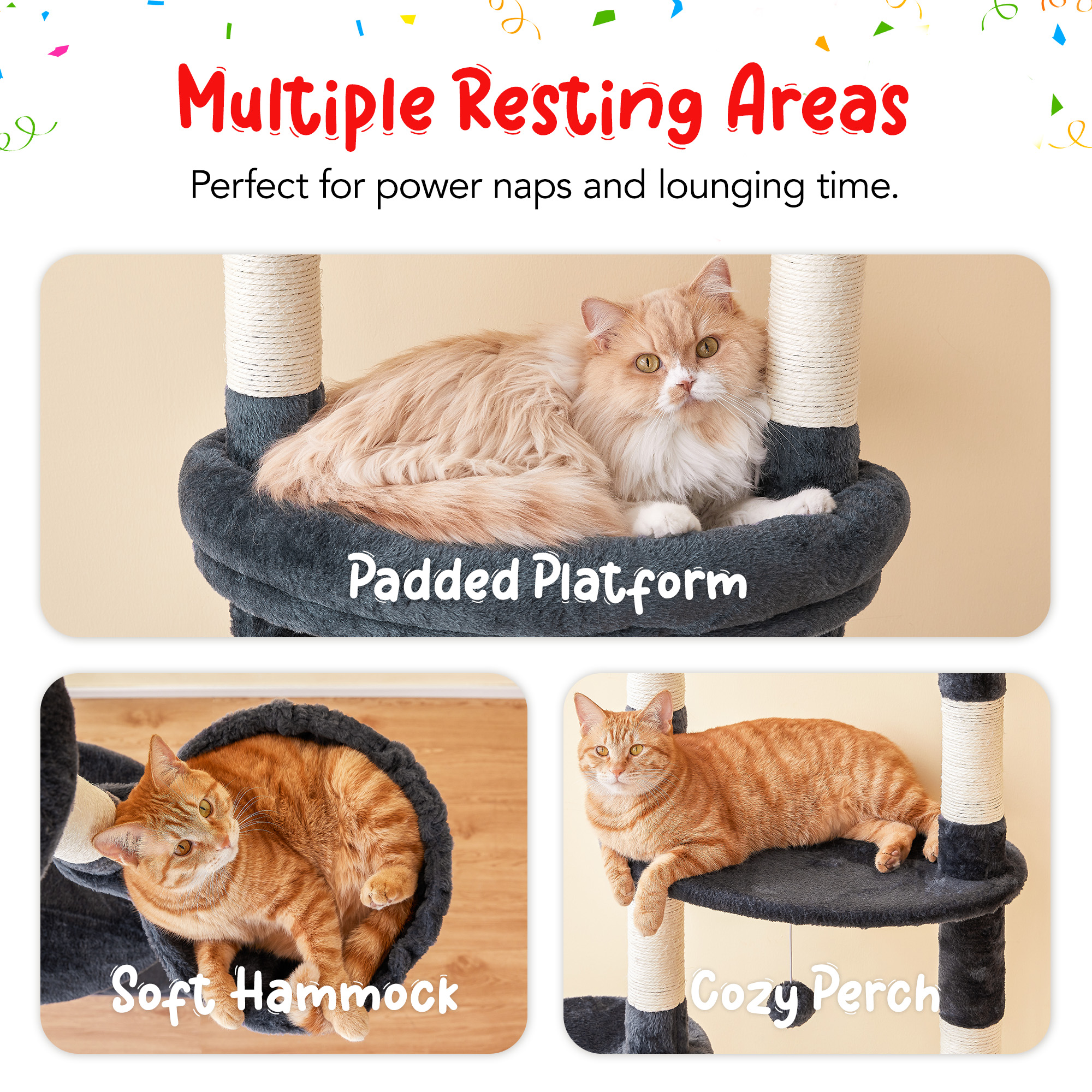 Furcato 92.1"-101.6" Adjustable Height Cat Tree, Floor to Ceiling Cat Tower, 7 Tiers Cat Climbing Tree with Hammock, Smoky Grey
