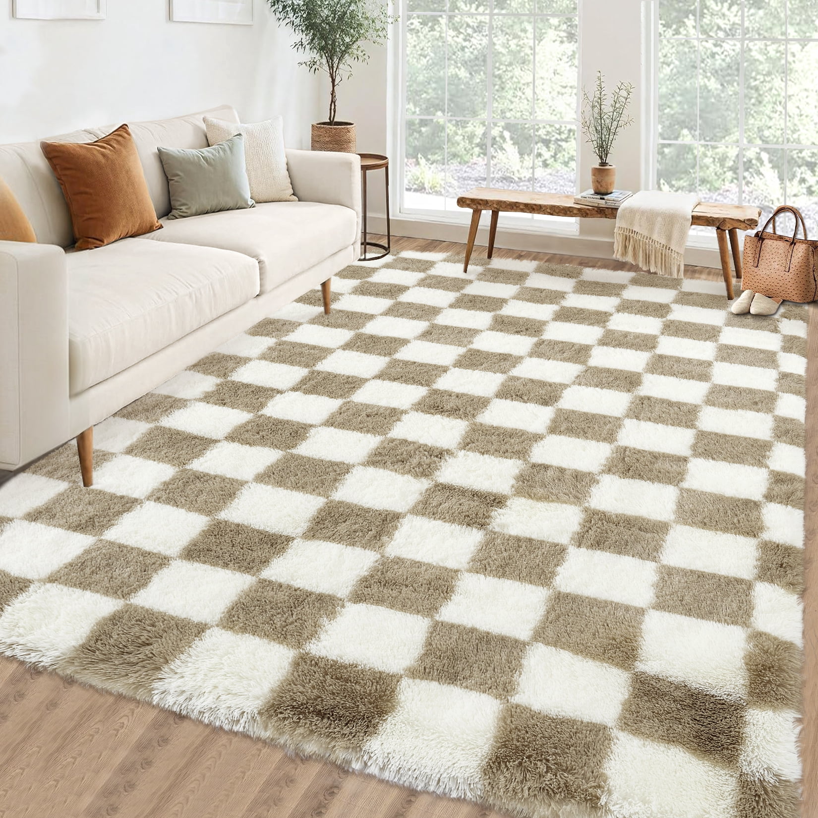 HOMERRY Large 10' x 13' Fluffy Area Rug for Living Room Geometric Check Shaggy Indoor Carpet Fuzzy High Pile Plush Floor Cover, Brown White