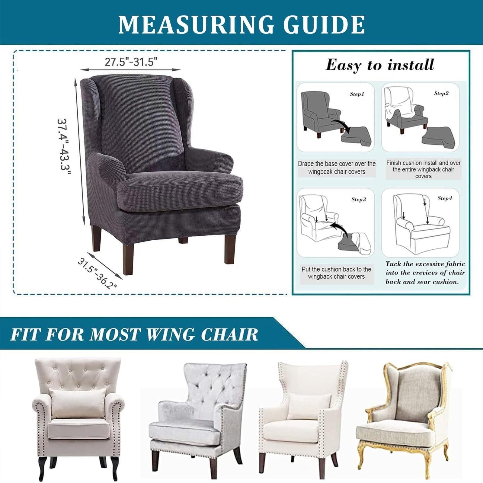 LKJYER Wing Chair Slipcover 2 Pieces Soft Wingback Chair Covers Wingback Chair Covers Spandex Jacquard Checked Pattern Sofa Cover for Living Room and Bedroom
