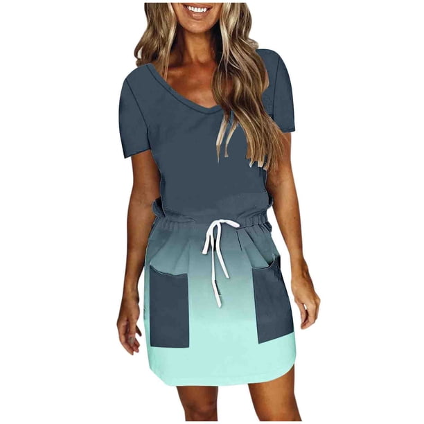 Mini Vestido de Verano Color Sólido Cuello en V Manga Corta Vestido de Becerro Medio, Vestido Corto de Verano