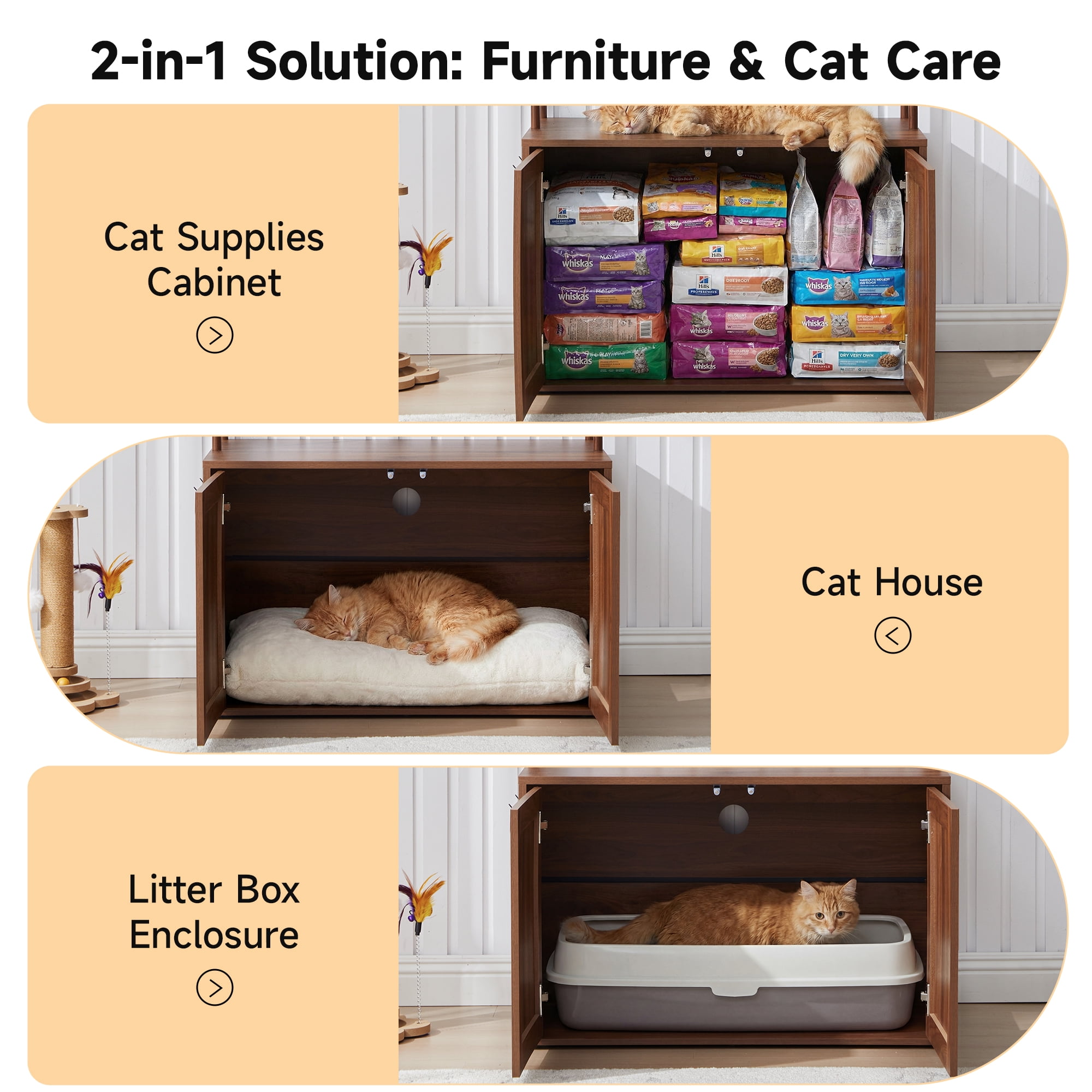Wirrytor Walnut Cat Litter Box Enclosure With 2-Tier Display Shelves, Hidden Litter Box Furniture With Cat Perch, Modern Arched Pet Cabinet For Home Decor
