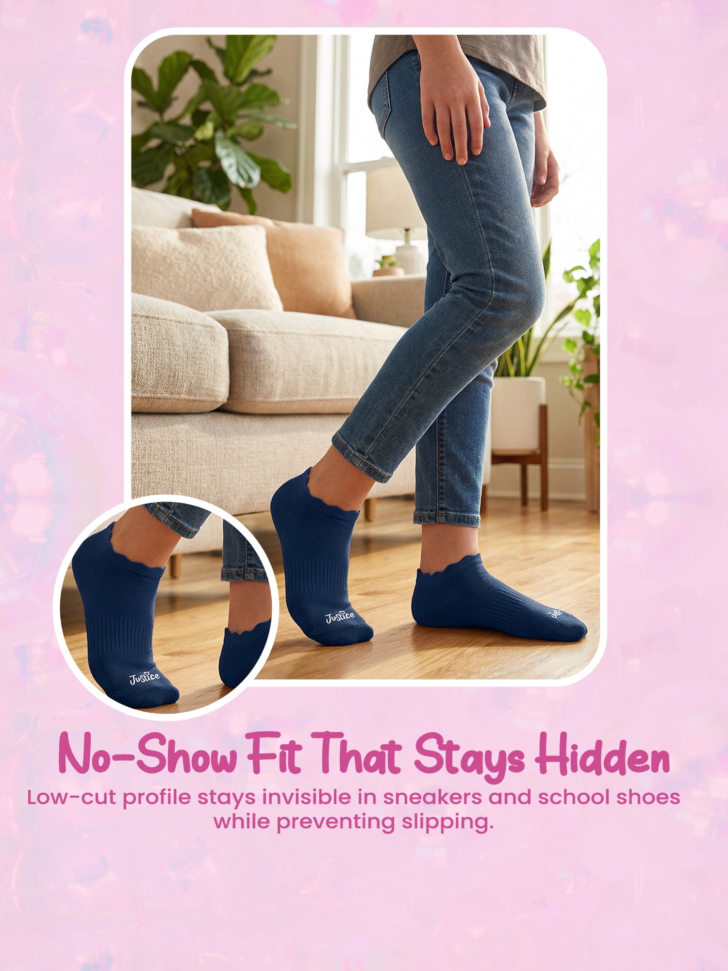 Justice Cushion No Show Socks for Girls with Scallop Edge for All Day Wear, 10 pk Pink Multi Color