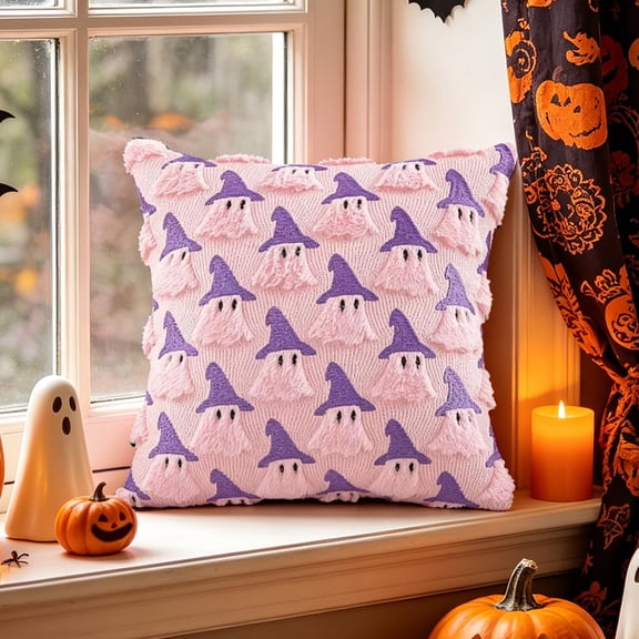 Halloween Ghost Pattern Decorative Throw Pillowcase Polyester Cushion Cover 17.32x17.32in Pink 1 Count
