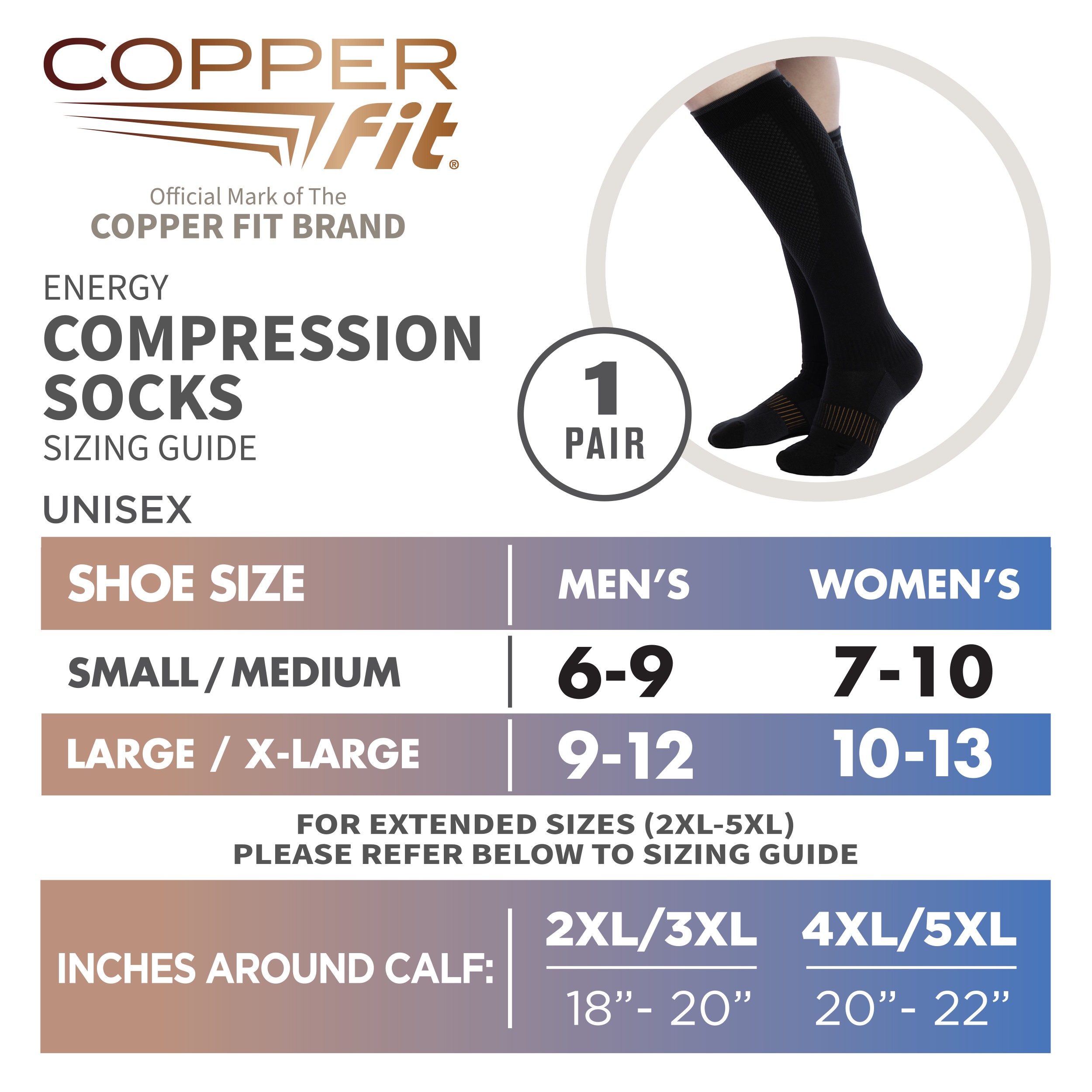 Copper Fit Energy Unisex Easy-on/Easy-off Knee Compression Socks, Black,  Large/XL, Pair