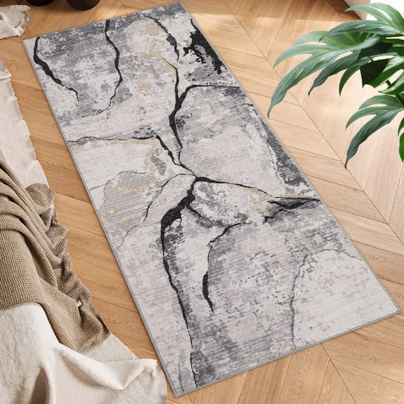 Runner Rug 2x6 Feet Modern Abstract Machine Washable Thin Non-Slip Carpet Runner for Hallway Bedroom Kitchen and Entryway, Stain Resistant Low Pile Floor Mat in Grey