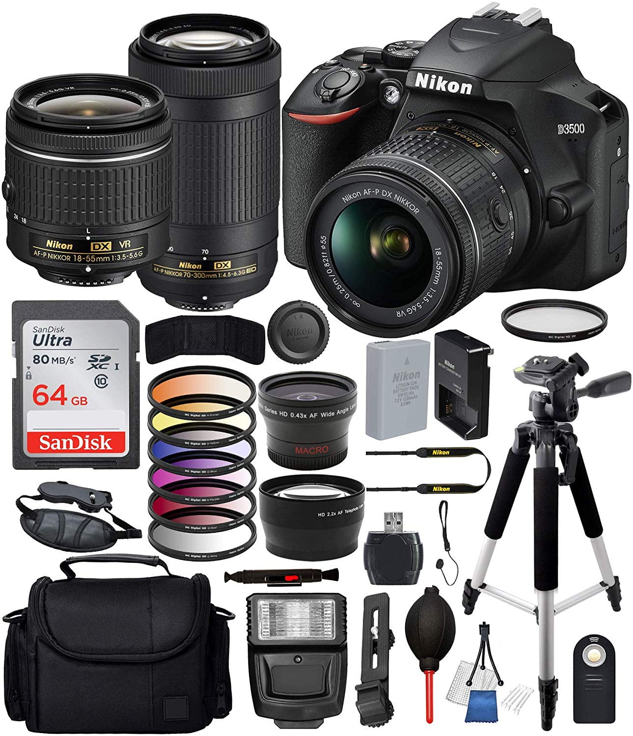 Nikon D3500 DSLR Camera w/ AF-P DX 18-55mm & 70-300mm Lens Bundle with ...