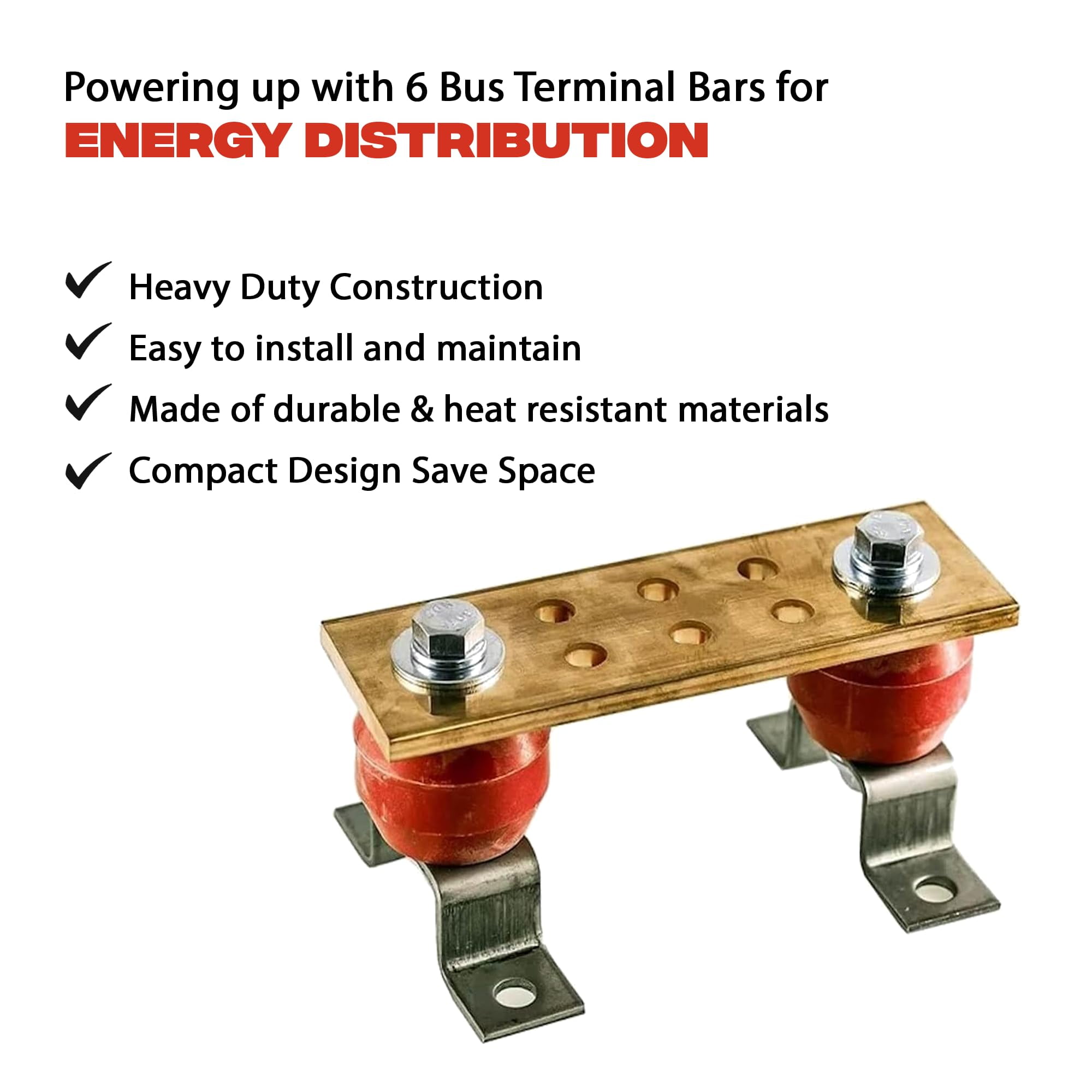 DMNI Copper Bus Bar - 6" Ground Bar - Grounding Terminal  - Copper Ground Bus 2.5kV Insulators