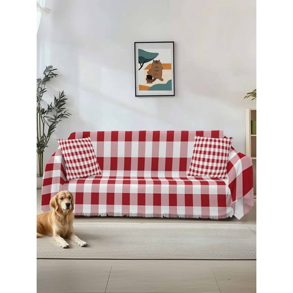 Farmhouse Red Plaid Couch Cover, Rustic Red White Checkered Sofa Cover Blanket for 1 Seat Cushion, Sectional Sofa Slipcover Furniture Protector for Living Room Bedroom 71''x91''