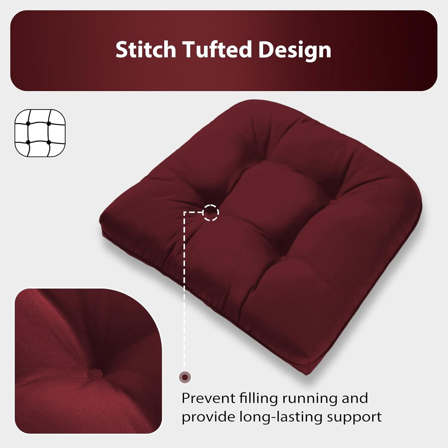 19x19 Outdoor Chair Cushions Set of 4, Tufted Wicker Patio Furniture Cushions, Thick Outdoor Seat Cushions for Lawn Chairs, Overstuffed and Water Resistant, Burgundy
