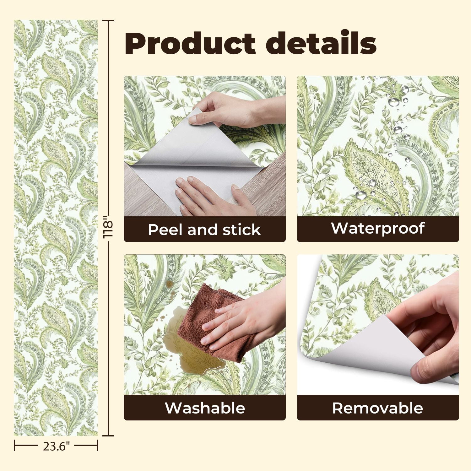 Paisley Peel and Stick Wallpaper 23.6in x 9.8ft Elegant Green Floral Paisley Leaves Swirls Contact Paper Vinyl Waterproof Self Adhesive Wall Paper for Bedroom Shelf Cabinet Renter Friendly