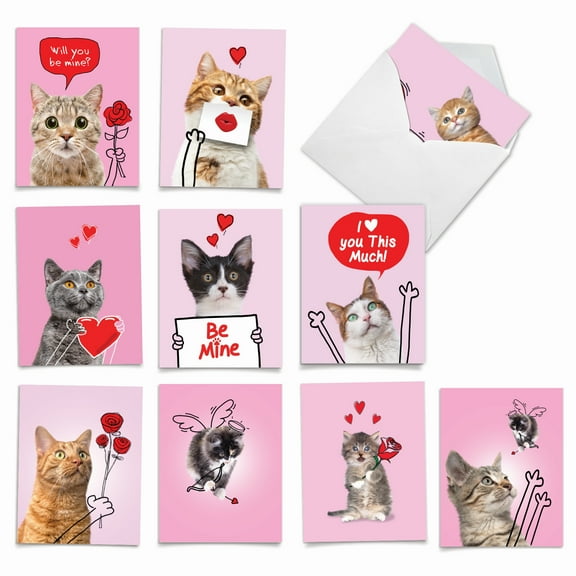 10 Valentine'S Day Cards Pack - Cat Love Doodles