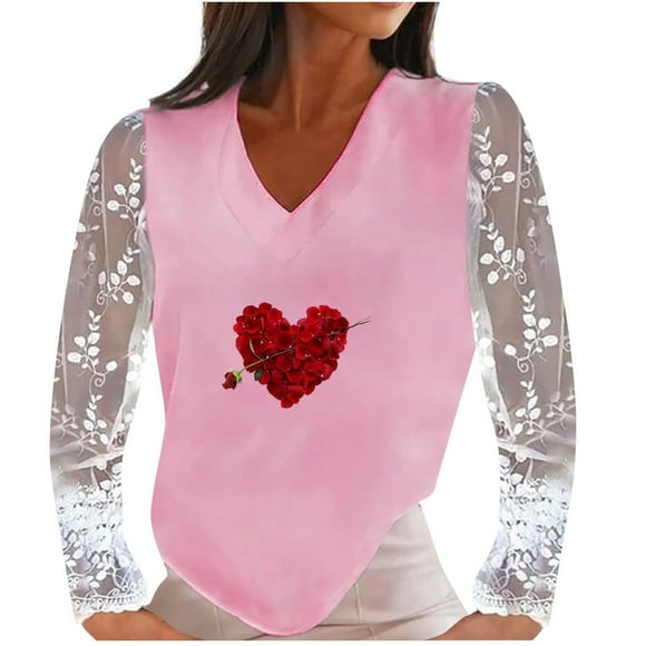 Women`s Loose Smart Young V-neck Lace Edge Printing Long Sleeve Polyester Splice Top(Pink,4XL)