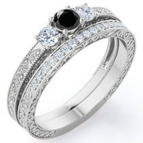 JeenMata Past Present Future 1.75 Carat Round Cut Lab Grown Black Diamond and Moissanite Art-Deco Edwardian Cathedral Wedding Ring Set in 18K White Gold Plating over Silver