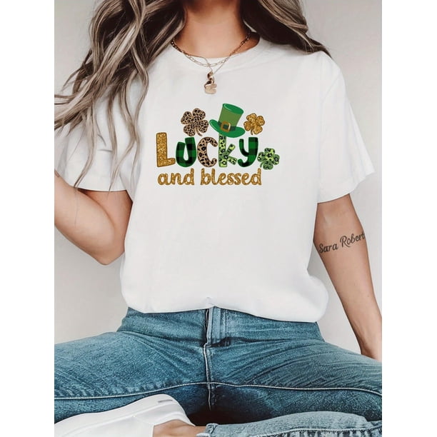 Camisetas para mujer Verano manga corta Tops para DeportesWomen's "Lucky and Blessed" Graphic T-Shirt - Casual Crew Neck, Short Sleeve, St. Patrick's Day ThemCamisetas de verano para mujer, manga co