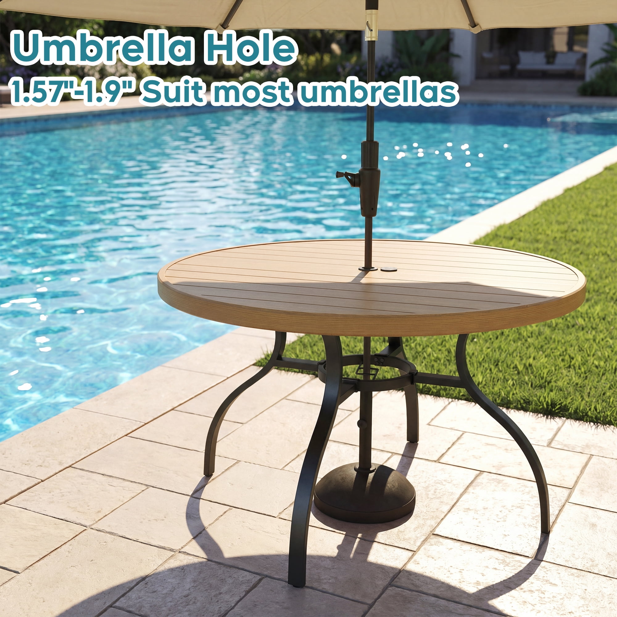 47 Inch Round Dining Table, Natural Steel Frame